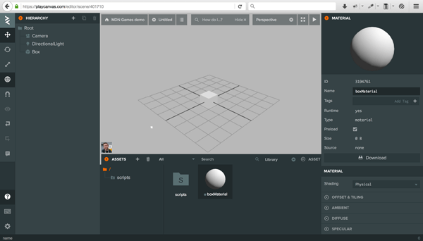 PlayCanvas Editor - Box material
