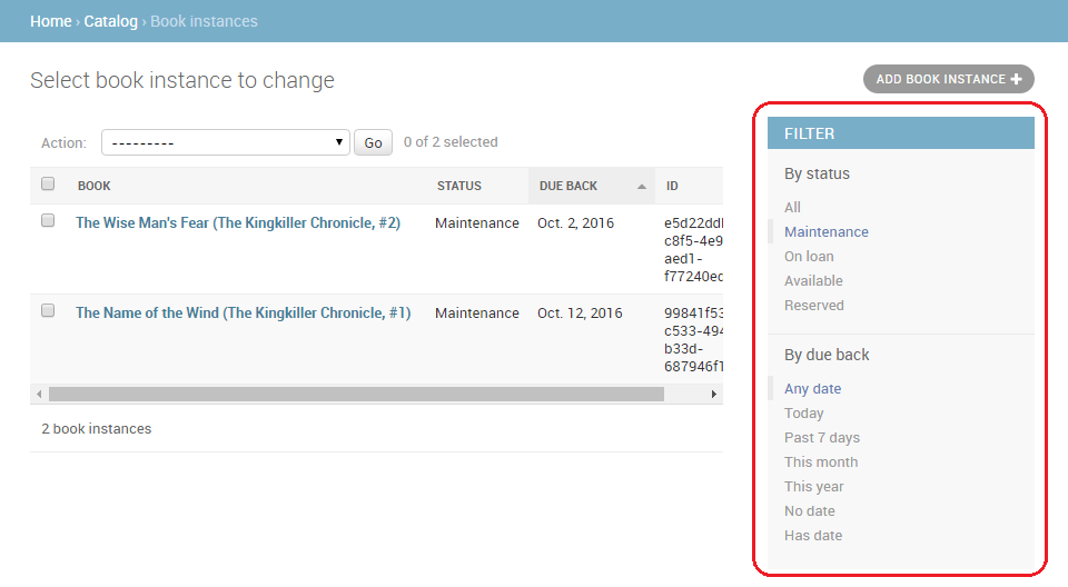 Admin Site - BookInstance List Filters