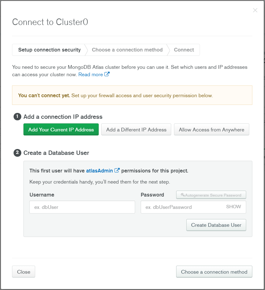 Choose a connection type when connecting with MongoDB Atlas.