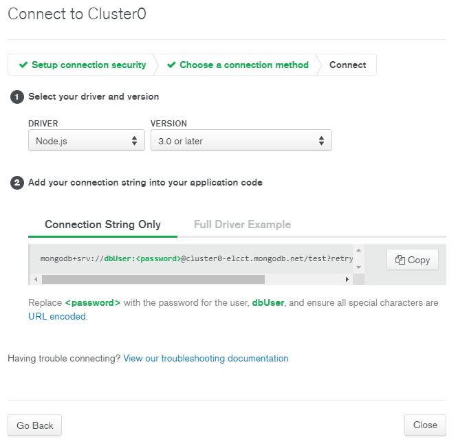 Choose the Short SRV connection when setting up a connection on MongoDB Atlas.