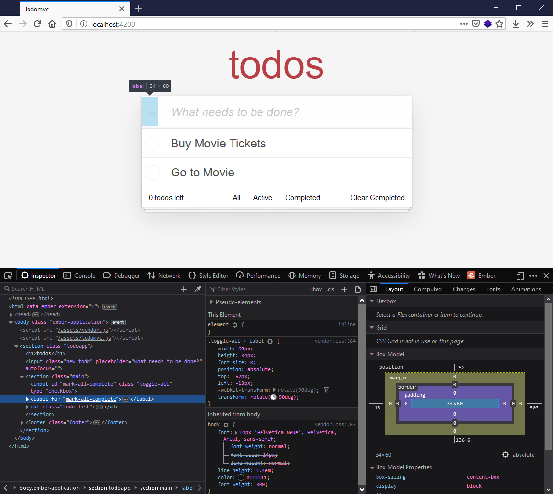 todo app looked at through devtools