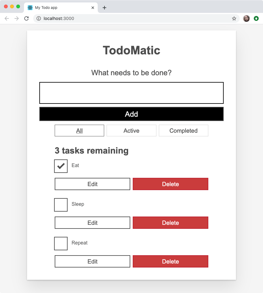 Our todo list app, now with differing checked states - some checkboxes are checked, others not