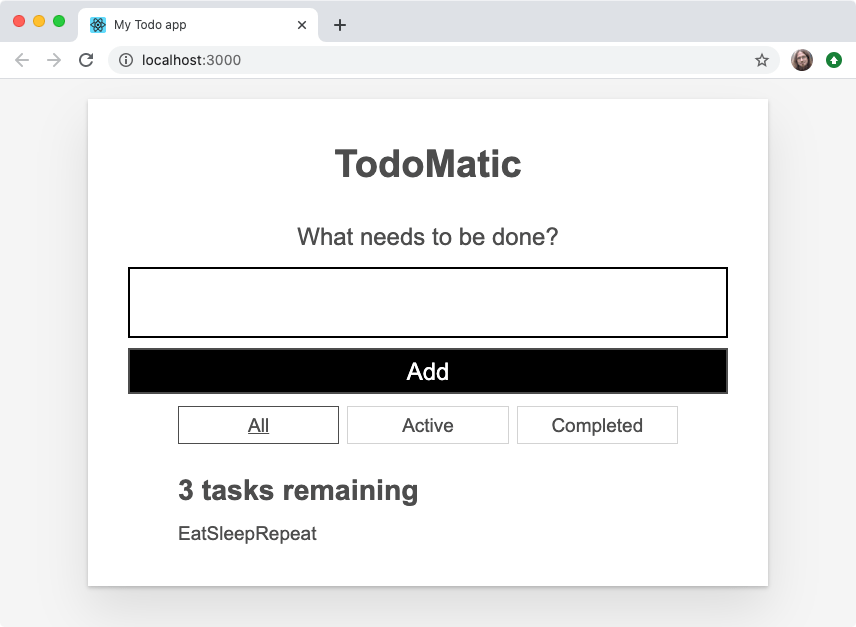 Our todo list app with the todo item labels just shown bunched up on one line