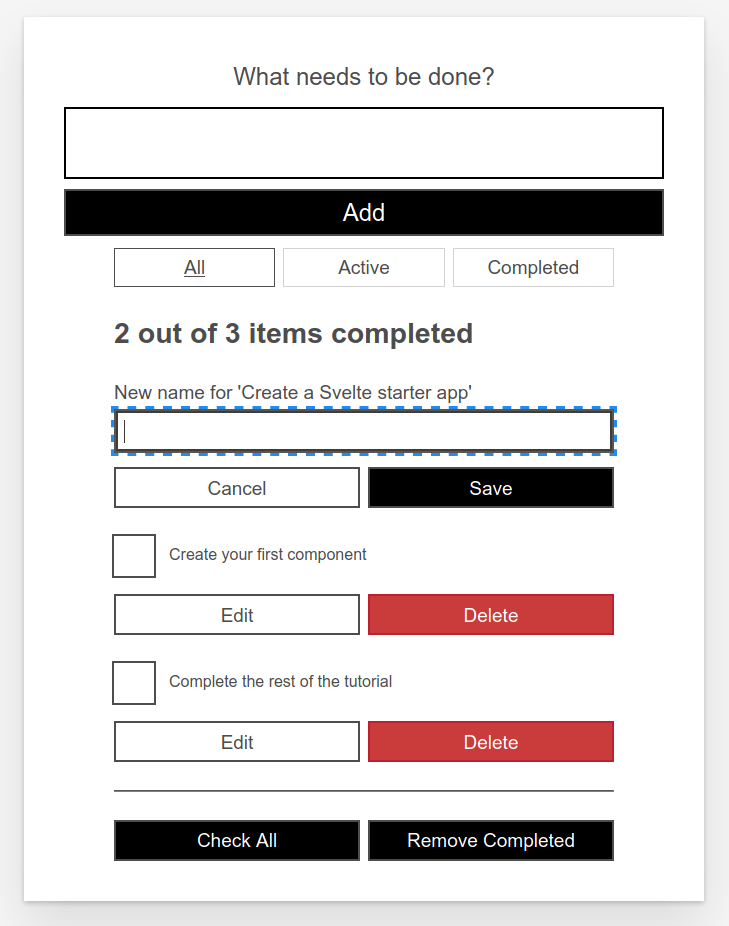 Our to-do list app, styled, with a title of 'what needs to be done', an input to enter more to-dos, and a list of to-dos with checkboxes