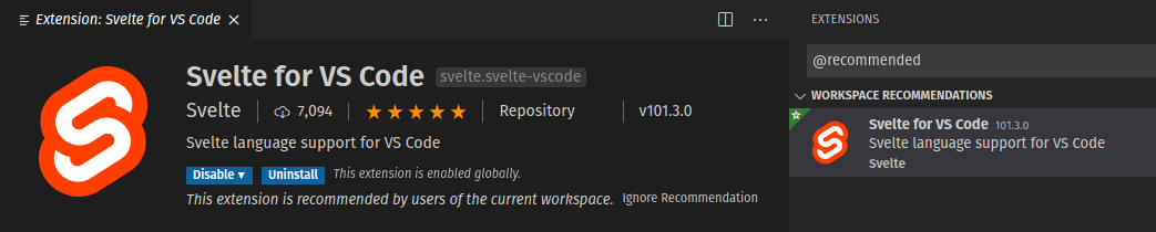 svelte for vs code extension information