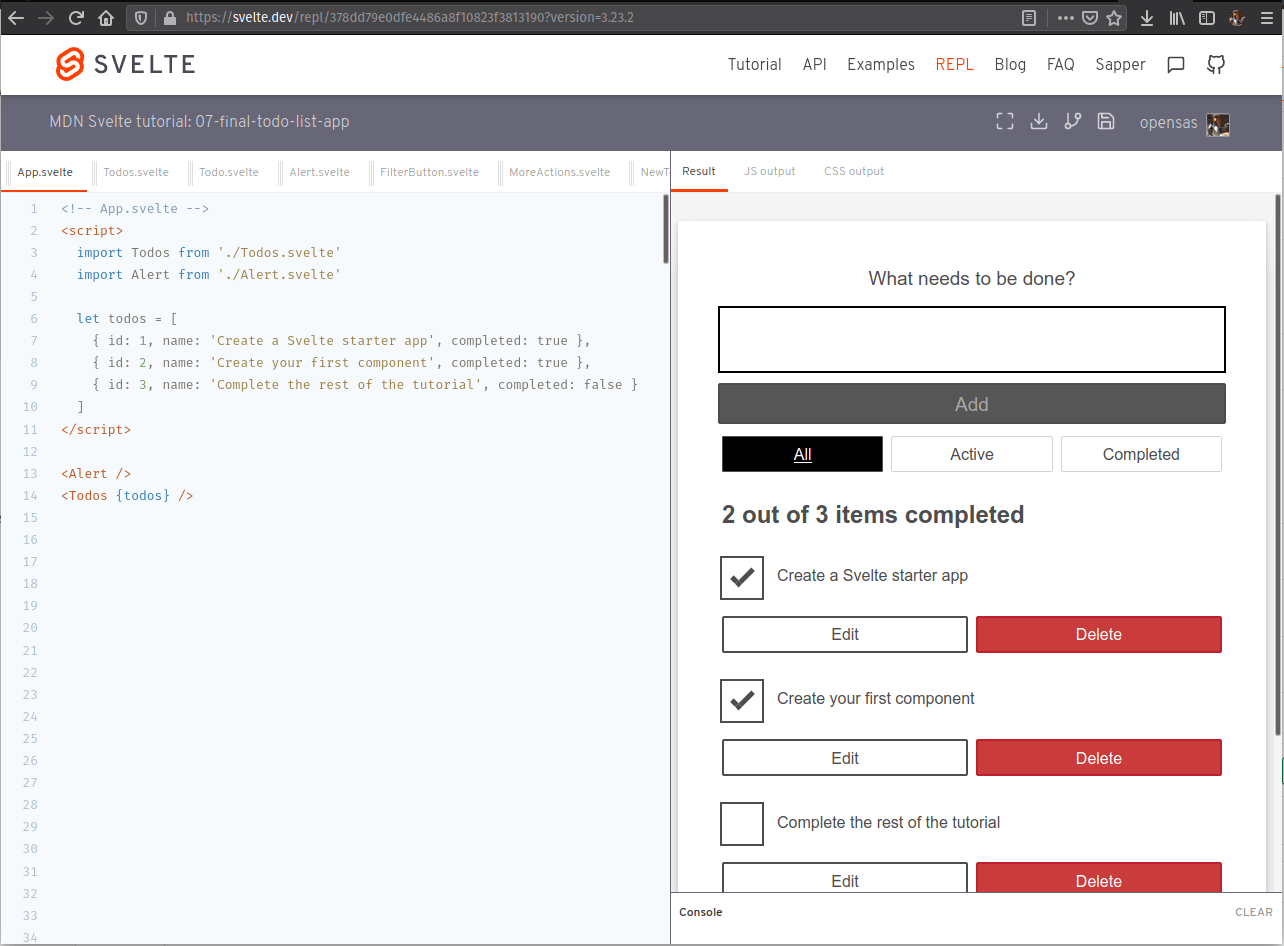 the svelte REPL in action, showing component code on the left, and output on the right