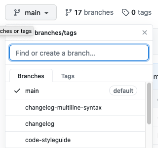 menu showing list of branch names with a text box labeled find or create a branch