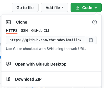 Popup window showing a clone URL along with options to open with GitHub Desktop and download zip