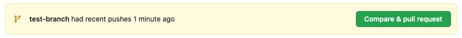 Banner with text test branch had recent pushes, and a button labeled compare and pull request