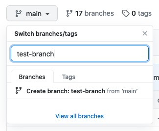 menu showing a new branch name test-branch entered into a text box, with a create branch button below it