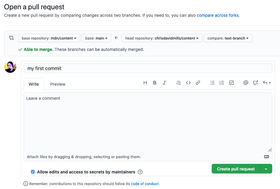 open pull request form, which includes text fields for title and description