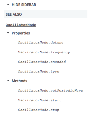 This screenshot shows a vertical navigation menu for the OscillatorNode interface, with multiple sublists for methods and properties, as generated by the APIRef macro 