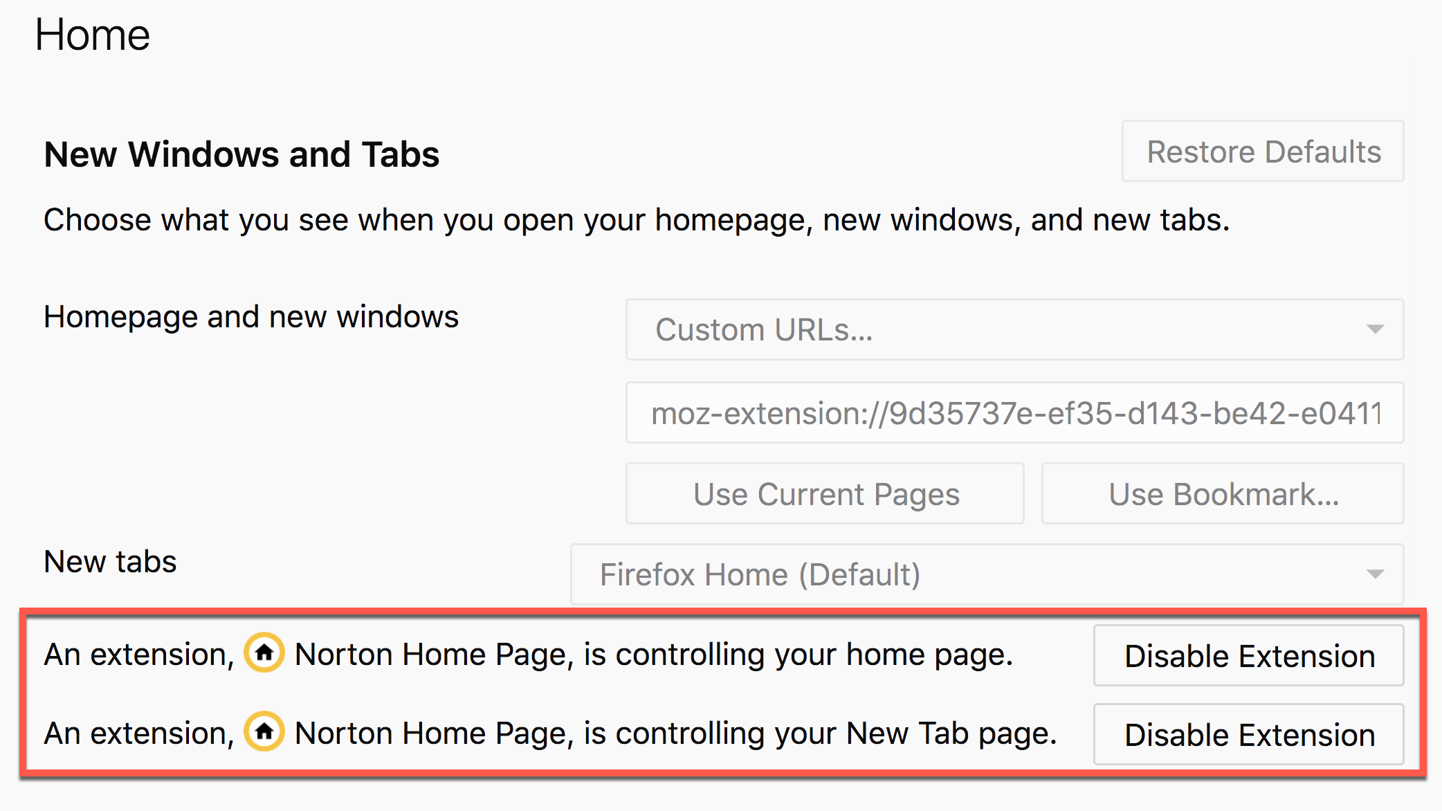 Example of a Firefox setting showing that it is being controlled by an extension