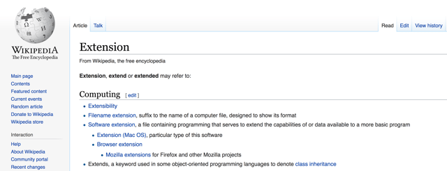 Wikipedia page showing the results of the search for "extension"