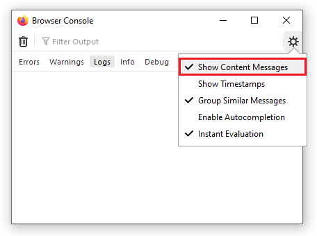 Browser console menu : Show Content Messages