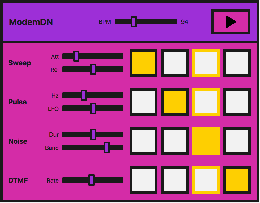 A sound sequencer application featuring play and BPM master controls, and 4 different voices with controls for each.