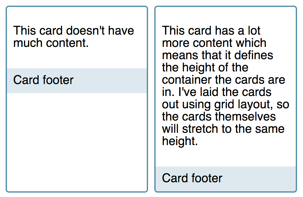 Two card components showing that the internals of the component do not stretch with the wrapper.