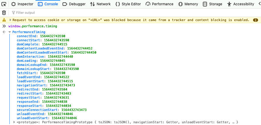 entering window.performance.timing in the console lists all the timings in the PerformanceNavigationTiming interface